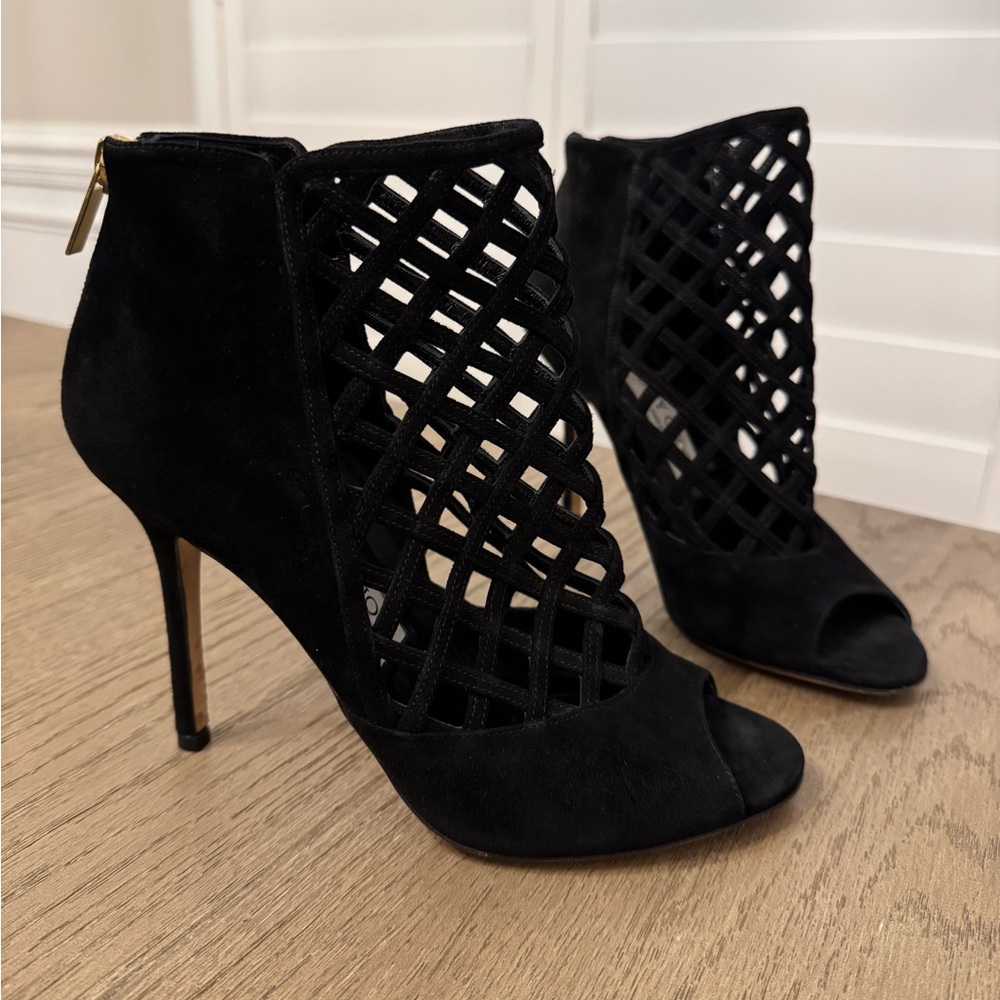 Jimmy Choo Black Suede Lattice Peep-Toe Ankle Booties